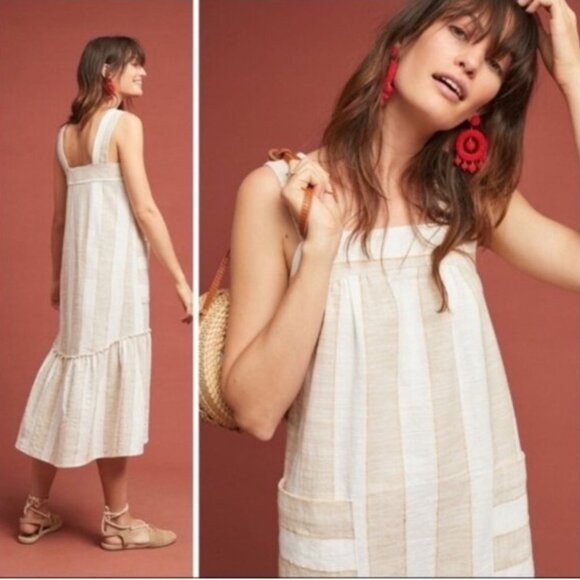 NWT Anthropologie Maeve Women's Tan/Cream Tonal Striped Midi Dress - size L - Picture 1 of 12